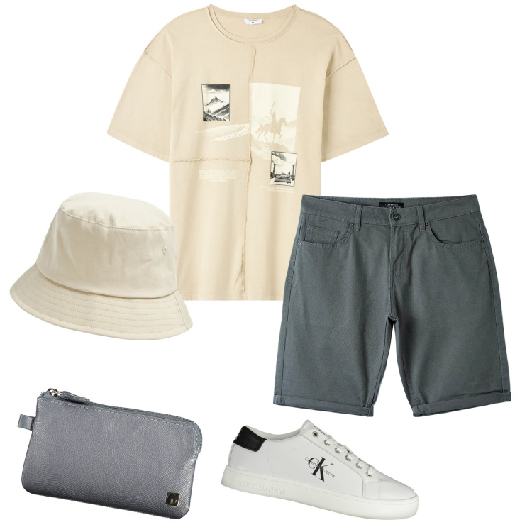 Outfit uomo - Giro in bici. Stile Casual per Tutti i giorni. Abbinamento con cappelli, t-shirt, pantaloni, sneakers, portafogli.
