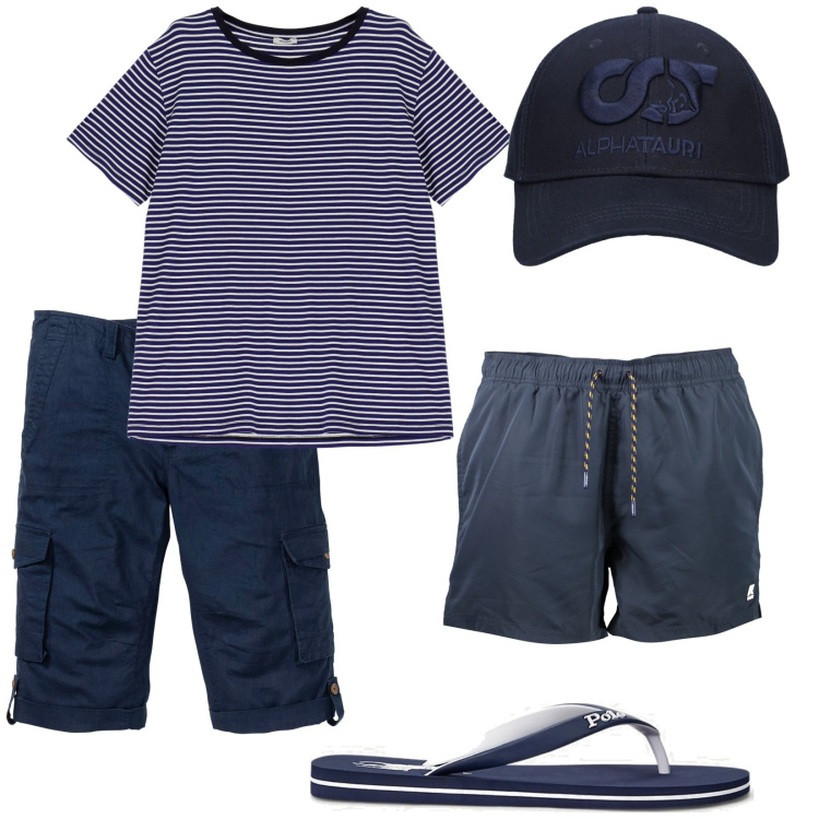 Outfit uomo - Mare da amare. Stile Casual per Mare. Abbinamento con bermuda, t-shirt, sandali, cappelli, costumi.