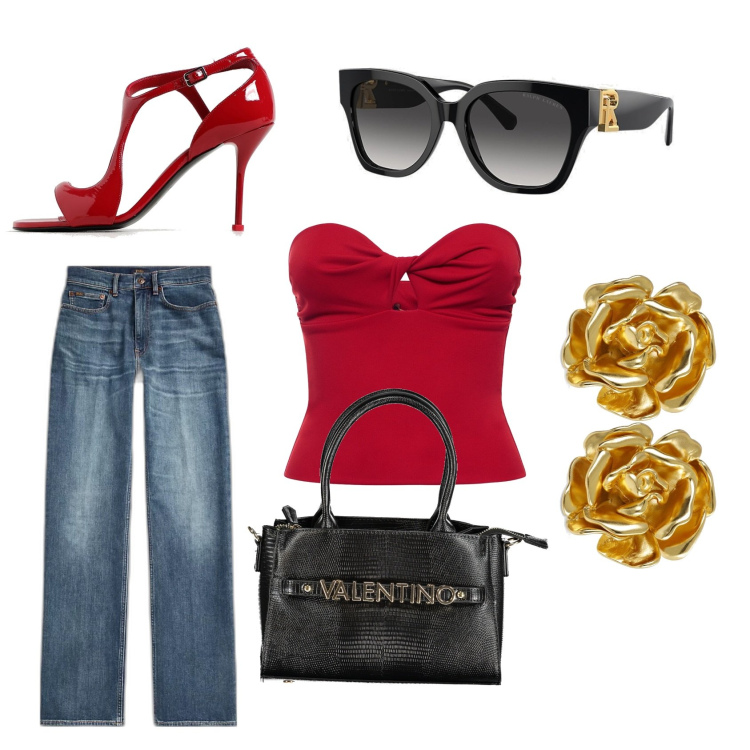 Outfit donna - Red like that. Stile Chic per Tutti i giorni. Abbinamento con occhiali da sole, jeans dritti, top, sandali col tacco, orecchini, collane.