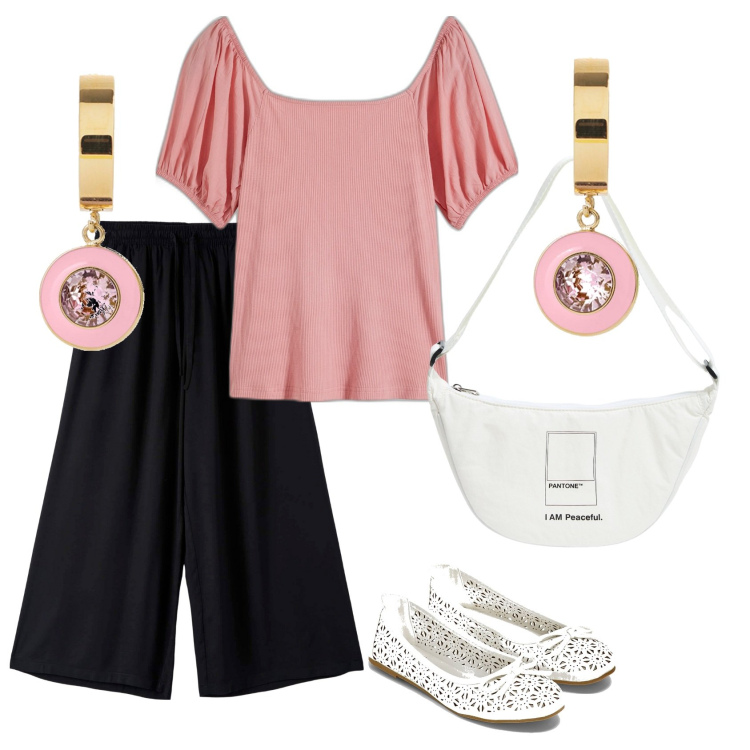Outfit donna - Total look #1898218. Stile Casual per Tutti i giorni. Abbinamento con maglieria, ballerine, pantaloni a palazzo, marsupi, orecchini.