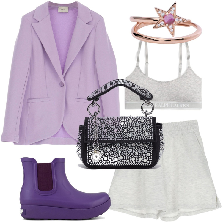 Outfit donna - Viola e grigio. Stile Basic per Tutti i giorni. look ideale per Petite. Abbinamento con anelli, shorts, blazer, canottiere, stivali, borse a spalla.