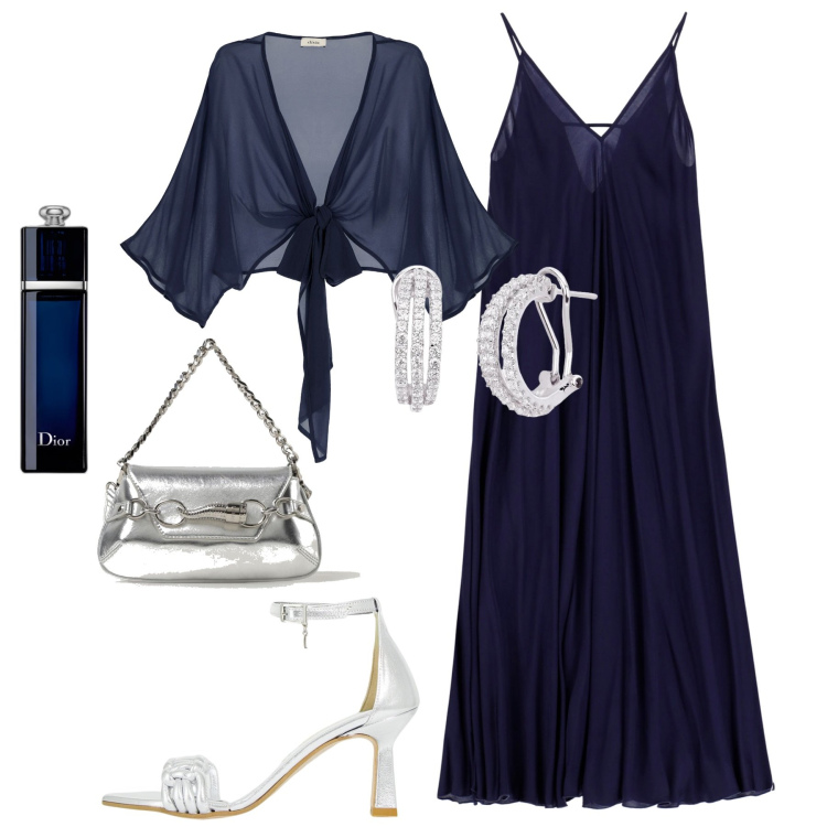 Outfit donna - Serata. Stile Chic per Serata fuori. Abbinamento con profumi, orecchini, décolleté, vestiti lunghi, cardigans, borse a spalla.