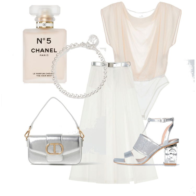 Outfit donna - Oui..... Stile Chic per Cerimonia. Abbinamento con profumi, gonne, body, braccialetti, sandali col tacco, borse a spalla.