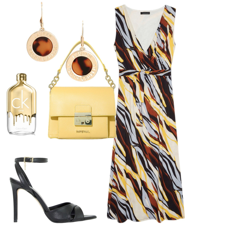 Outfit donna - Elegante. Stile Chic per Tutti i giorni. Abbinamento con profumi, pochette, décolleté, orecchini, vestiti lunghi.