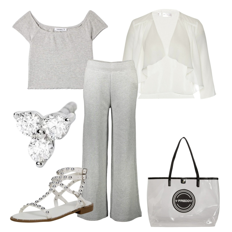 Outfit donna - Total look #1898226. Stile Chic per Ufficio. Abbinamento con blazer, t-shirt, sandali, orecchini, shopping bag, pantaloni.