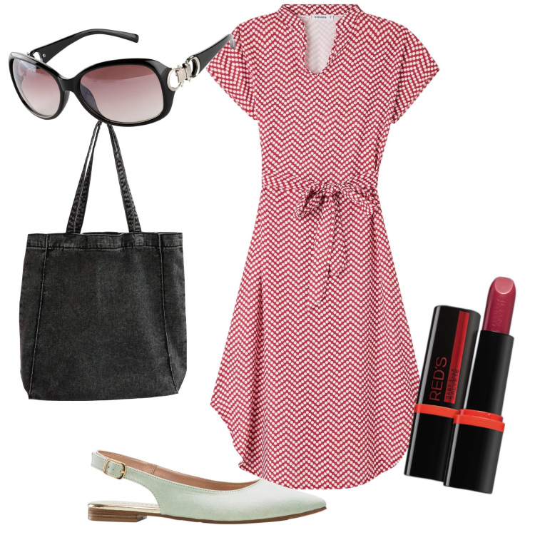 Outfit donna - Che risparmio questo total look. Stile Basic per Tutti i giorni. Abbinamento con ballerine, occhiali da sole, rossetti, shopping bag, vestiti midi/longuette.