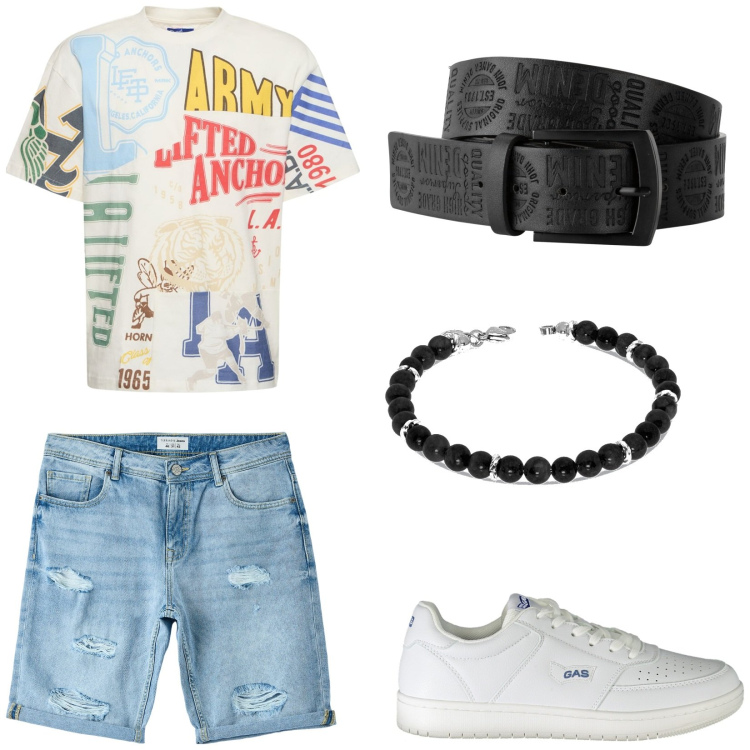 Outfit uomo - Cintura e shorts. Stile Urban per Tutti i giorni. Abbinamento con cinture, shorts, t-shirt, sneakers, braccialetti.