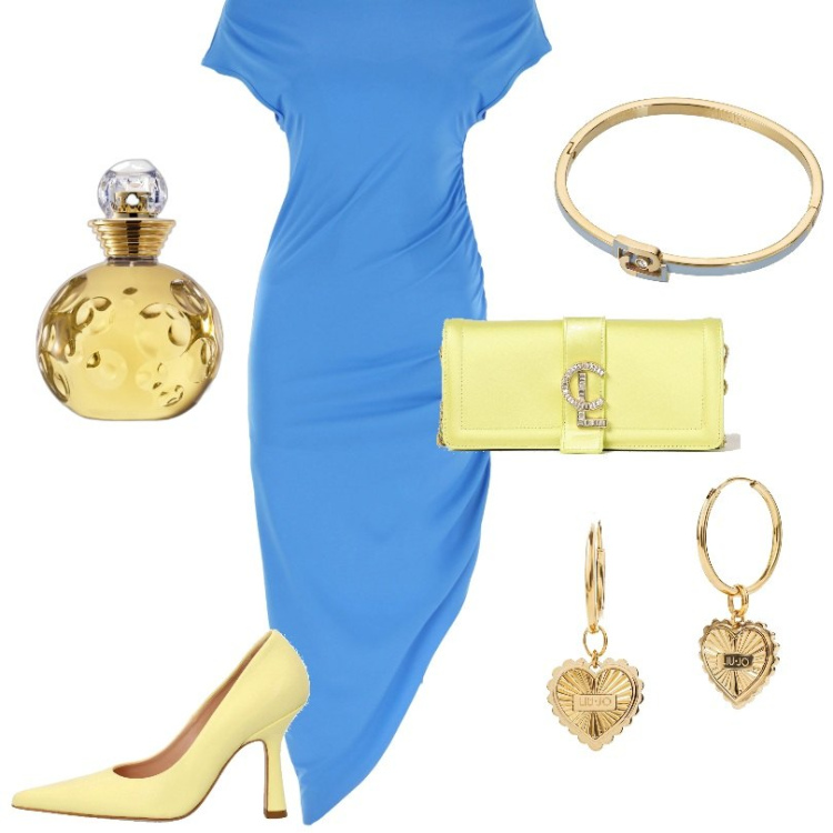 Outfit donna - Toni estivi. Stile Chic per Tutti i giorni. Abbinamento con profumi, vestiti lunghi, orecchini, braccialetti, décolleté, borse a tracolla.