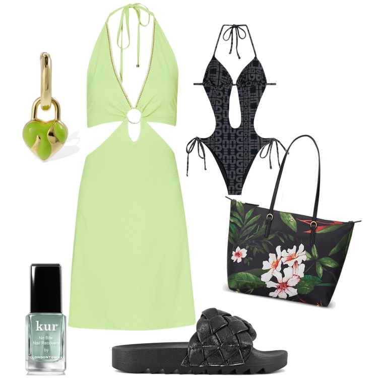 Outfit donna - Aperibeach. Stile Glamour per Serata fuori. Abbinamento con smalti, costumi interi, borse tote, ciabatte, orecchini, vestiti corti.