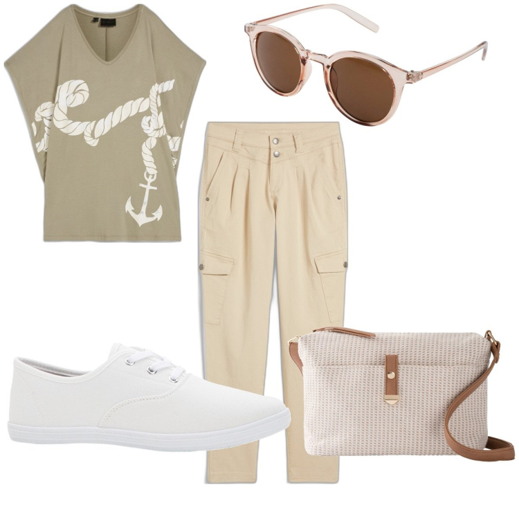 Outfit donna - Total look #1898291. Stile Basic per Tutti i giorni. Abbinamento con sneakers, occhiali da sole, pantaloni cargo, maglieria, borse a tracolla.