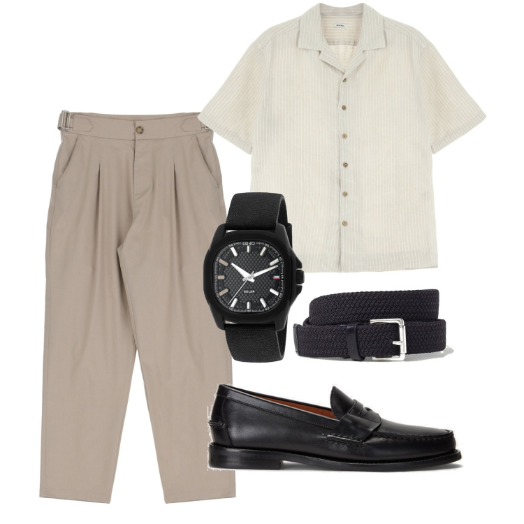 Outfit uomo - City. Stile Casual per Tutti i giorni. Abbinamento con camicie a manica corta, pantaloni, scarpe stringate, cinture, orologi.