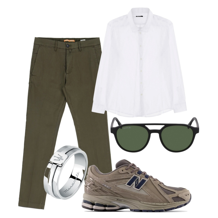 Outfit uomo - City. Stile Casual per Tutti i giorni. Abbinamento con anelli, sneakers, camicie, pantaloni, occhiali da sole.