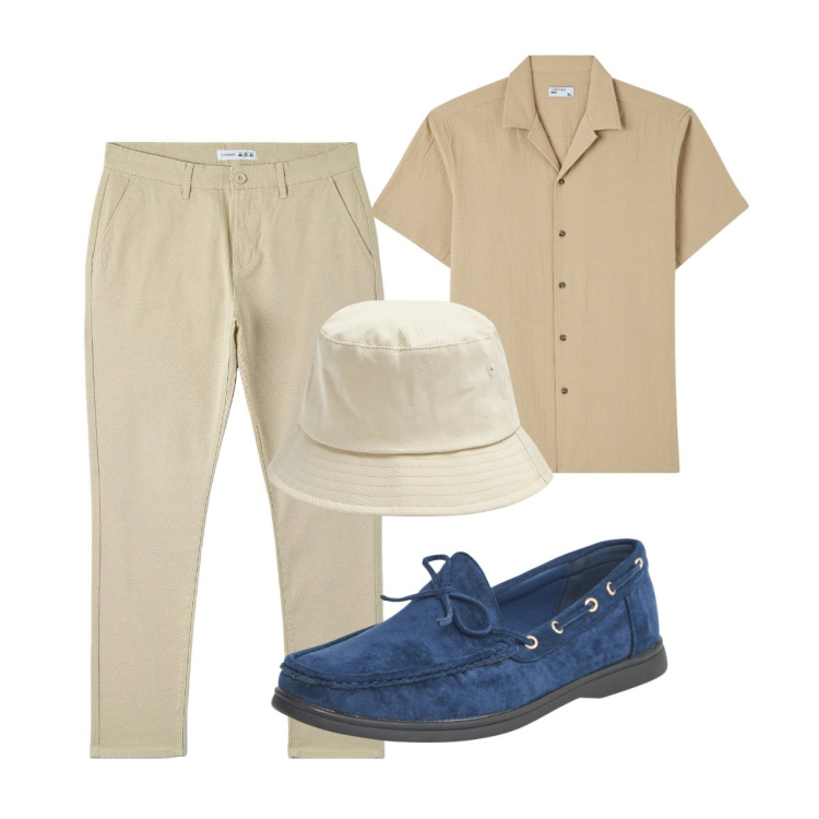 Outfit uomo - City. Stile Casual per Tutti i giorni. Abbinamento con camicie a manica corta, scarpe stringate, cappelli, pantaloni.