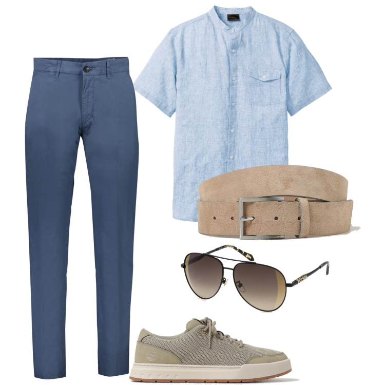 Outfit uomo - City. Stile Casual per Tutti i giorni. Abbinamento con camicie a manica corta, pantaloni, cinture, sneakers, occhiali da sole.