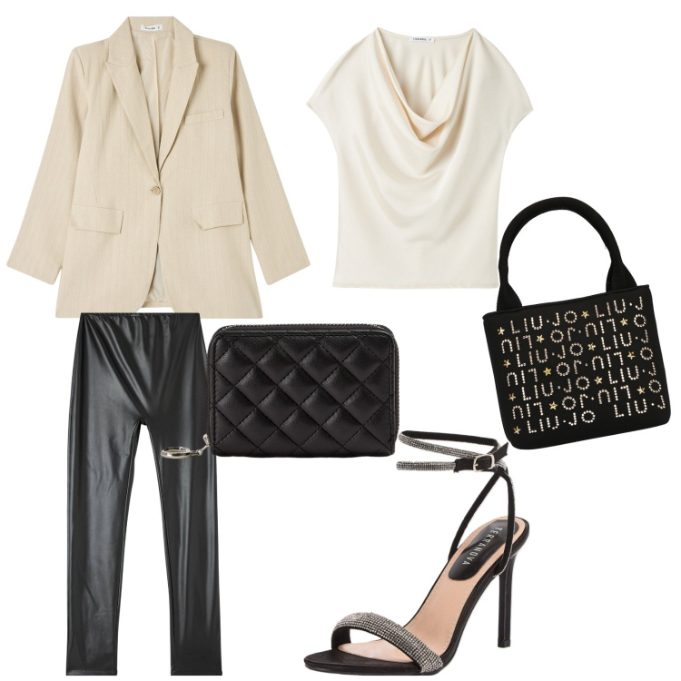 Outfit donna - Leggings in pelle. Stile Glamour per Serata fuori. Abbinamento con treggings, bluse, portafogli, sandali col tacco, blazer, borse a mano.