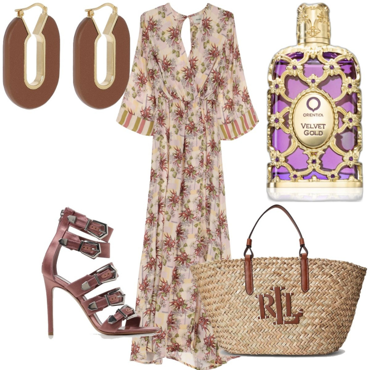Outfit donna - Total look #1898344. Stile Etnico per Serata fuori. Abbinamento con profumi, vestiti lunghi, borse tote, orecchini, sandali col tacco.