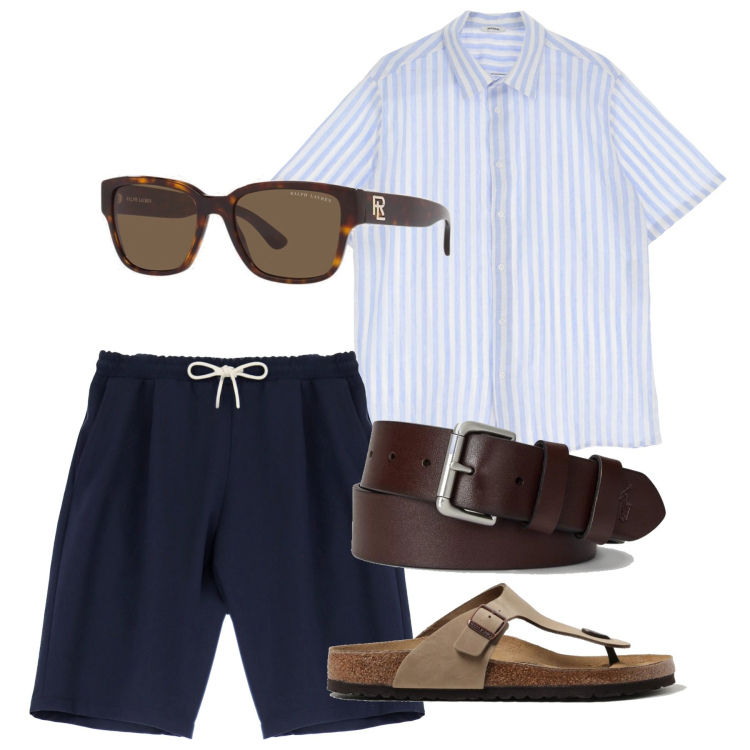 Outfit uomo - City. Stile Casual per Tutti i giorni. Abbinamento con camicie a manica corta, bermuda, occhiali da sole, cinture, sandali.