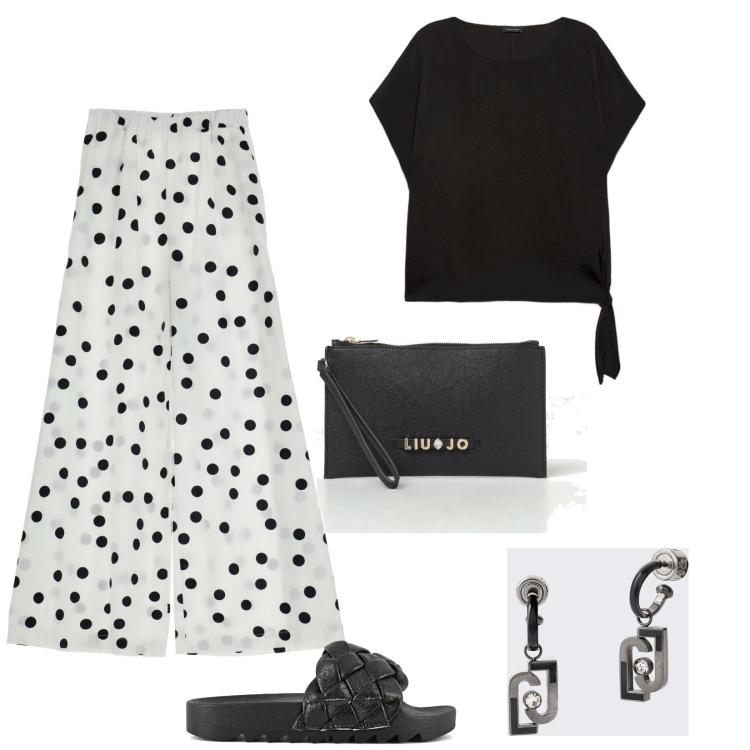 Outfit donna - Comoda con stile. Stile Casual per Tutti i giorni. Abbinamento con pantaloni a palazzo, bluse, ciabatte, clutch, orecchini.