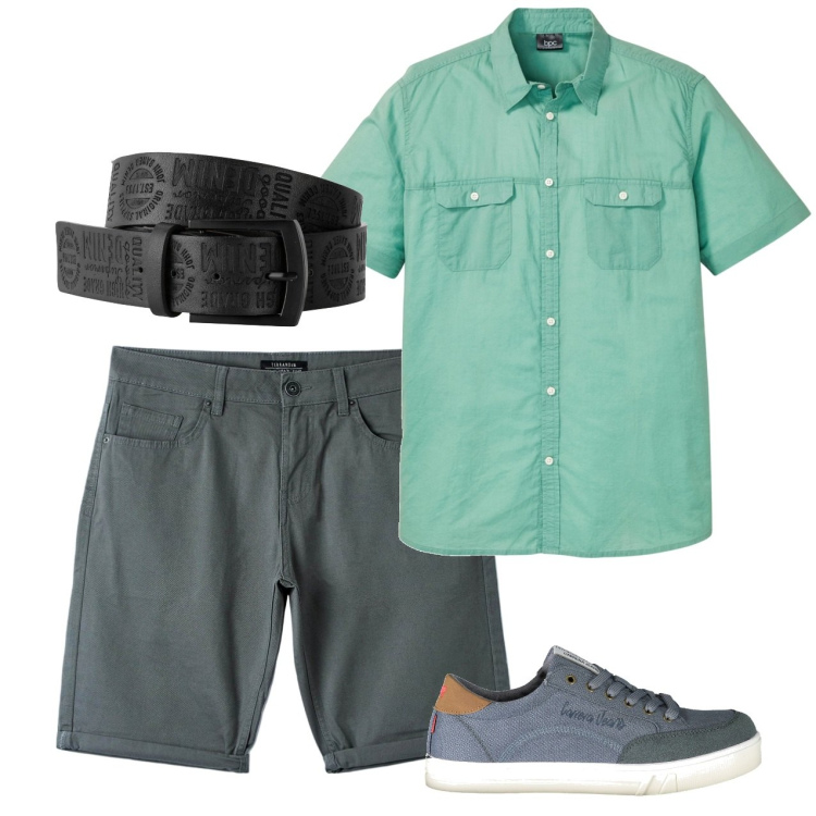 Outfit uomo - City. Stile Casual per Tutti i giorni. Abbinamento con cinture, camicie a manica corta, pantaloni, sneakers.