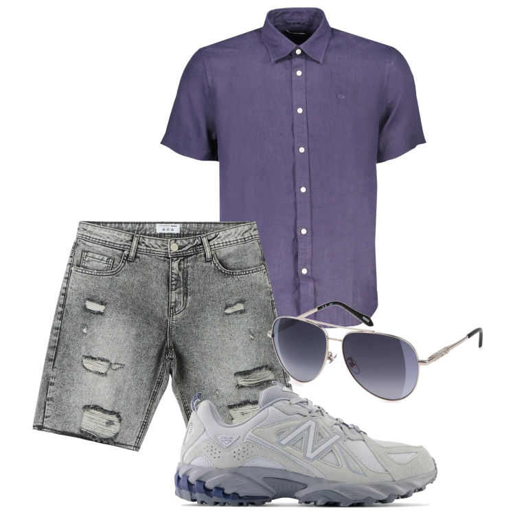 Outfit uomo - Purple city. Stile Casual per Tutti i giorni. Abbinamento con shorts, sneakers, camicie a manica corta, occhiali da sole.