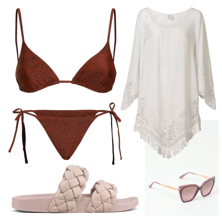Outfit donna - Total look #1898375. per Mare. Abbinamento con vestiti da spiaggia, ciabatte, occhiali da sole, bikini, bikini.