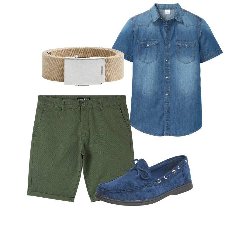 Outfit uomo - City. Stile Casual per Tutti i giorni. Abbinamento con camicie a manica corta, cinture, scarpe stringate, shorts.