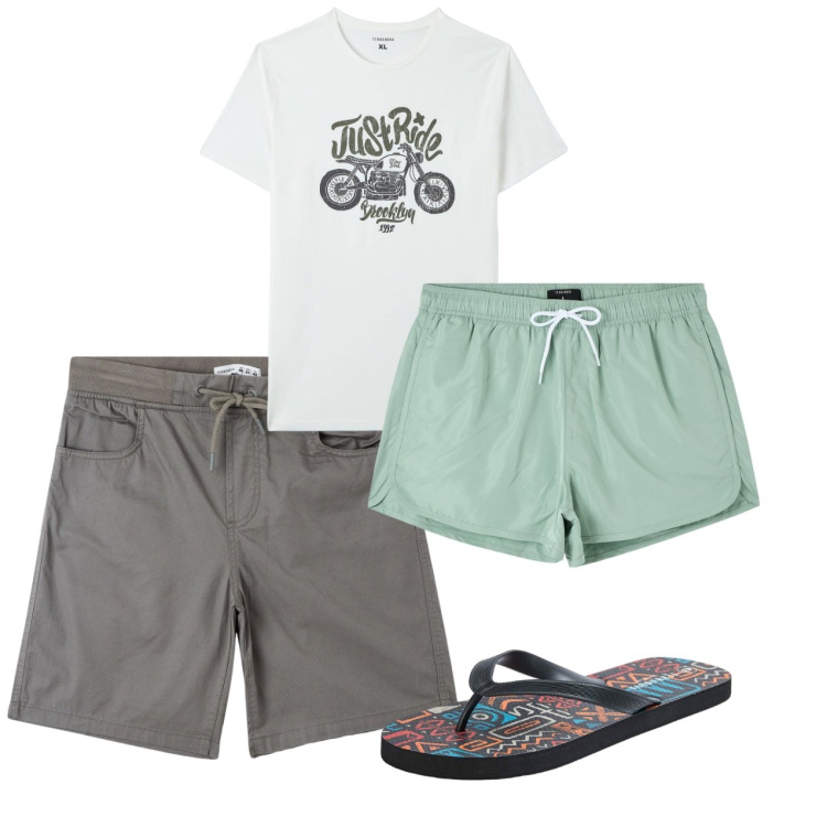 Outfit uomo - Mare. Stile Casual per Mare. Abbinamento con costumi, sandali, shorts, t-shirt.