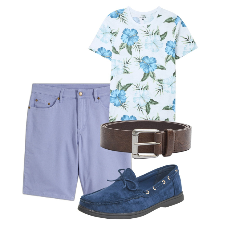 Outfit uomo - City di chi ha una vita. Stile Casual per Tutti i giorni. Abbinamento con bermuda, scarpe stringate, t-shirt, cinture.