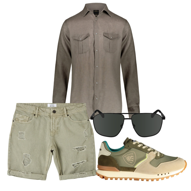 Outfit uomo - City. Stile Casual per Tutti i giorni. Abbinamento con bermuda, camicie, occhiali da sole, sneakers.