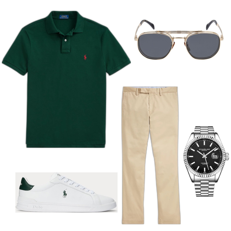 Outfit uomo - Old money. Stile Casual per Serata speciale. Abbinamento con orologi, polo, pantaloni chino, sneakers, occhiali da sole.