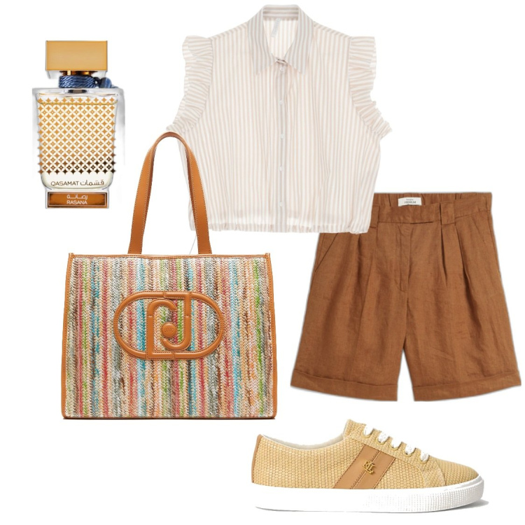 Outfit donna - Il mattino ha l\'oro in bocca. Stile Casual chic per Tutti i giorni. Abbinamento con bermuda, profumi, camicie a manica corta, sneakers, shopping bag.