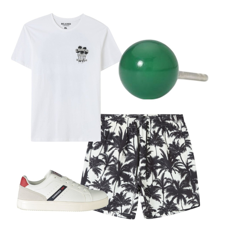 Outfit uomo - City. Stile Casual per Tutti i giorni. Abbinamento con t-shirt, bermuda, orecchini, sneakers.
