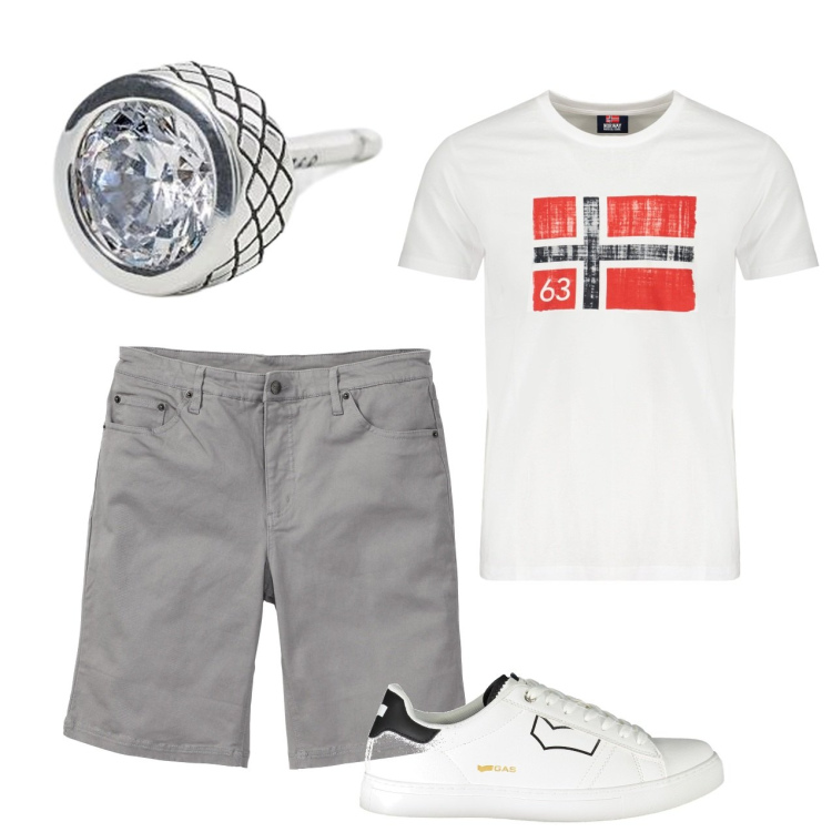 Outfit uomo - City. Stile Casual per Tutti i giorni. Abbinamento con bermuda, orecchini, t-shirt, sneakers.