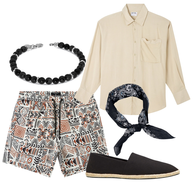 Outfit uomo - City. Stile Casual per Tutti i giorni. Abbinamento con espadrillas, camicie, bermuda, sciarpe e foulard, braccialetti.