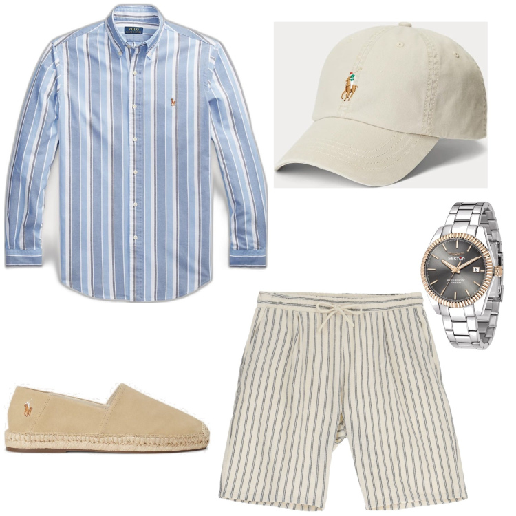 Outfit uomo - Aperitivo in barca. Stile Casual per Mare. Abbinamento con bermuda, cappelli, espadrillas, camicie, orologi.