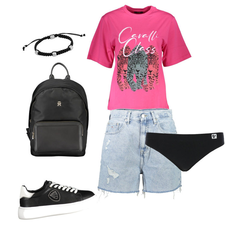 Outfit donna - A spasso. Stile Casual per Tutti i giorni. Abbinamento con braccialetti, slip, sneakers, zaini, t-shirt, jeans mom.