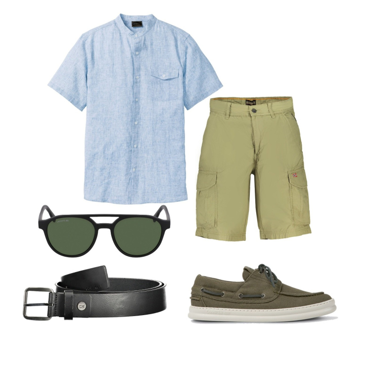 Outfit uomo - Semplice. Stile Casual per Tutti i giorni. Abbinamento con camicie a manica corta, scarpe stringate, cinture, occhiali da sole, bermuda.