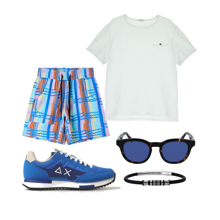 Outfit uomo - Pomeriggio. Stile Casual per Tutti i giorni. Abbinamento con bermuda, braccialetti, t-shirt, sneakers, occhiali da sole.