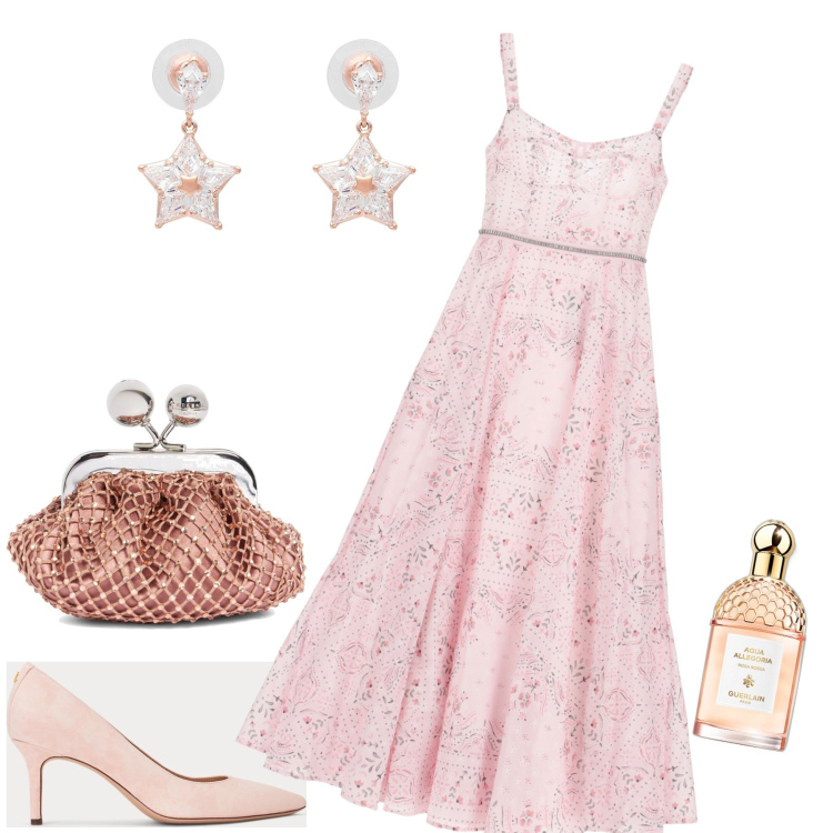 Outfit donna - Romanticismo all ennesima potenza. Stile Romantica per Serata fuori. Abbinamento con orecchini, profumi, vestiti lunghi, décolleté, pochette.