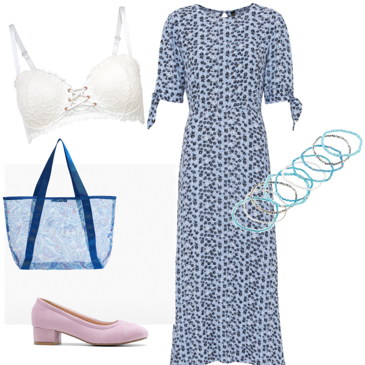 Outfit donna - Total look e poco costo. Stile Basic per Tutti i giorni. Abbinamento con vestiti midi/longuette, décolleté, reggiseni a balconcino, braccialetti, shopping bag.