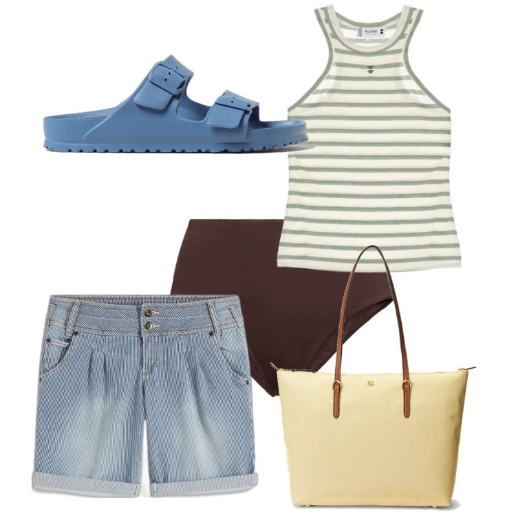Outfit donna - Mare. Stile Casual per Tutti i giorni. Abbinamento con shorts, top, borse tote, sandali, bikini.