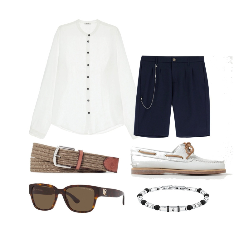 Outfit uomo - Estivo. Stile Trendy per Serata speciale. Abbinamento con braccialetti, camicie, bermuda, occhiali da sole, cinture, scarpe stringate.