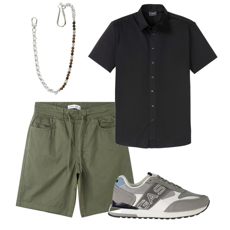 Outfit uomo - City. Stile Casual per Tutti i giorni. Abbinamento con camicie a manica corta, collane, shorts, sneakers.