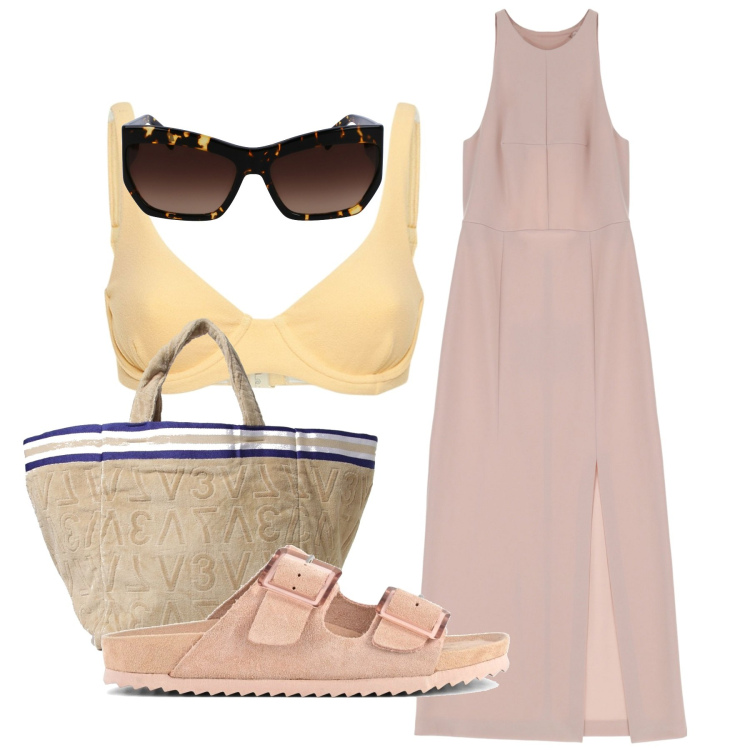 Outfit donna - Mare. Stile Chic per Mare. Abbinamento con vestiti midi/longuette, sandali, borse a mano, occhiali da sole, bikini.