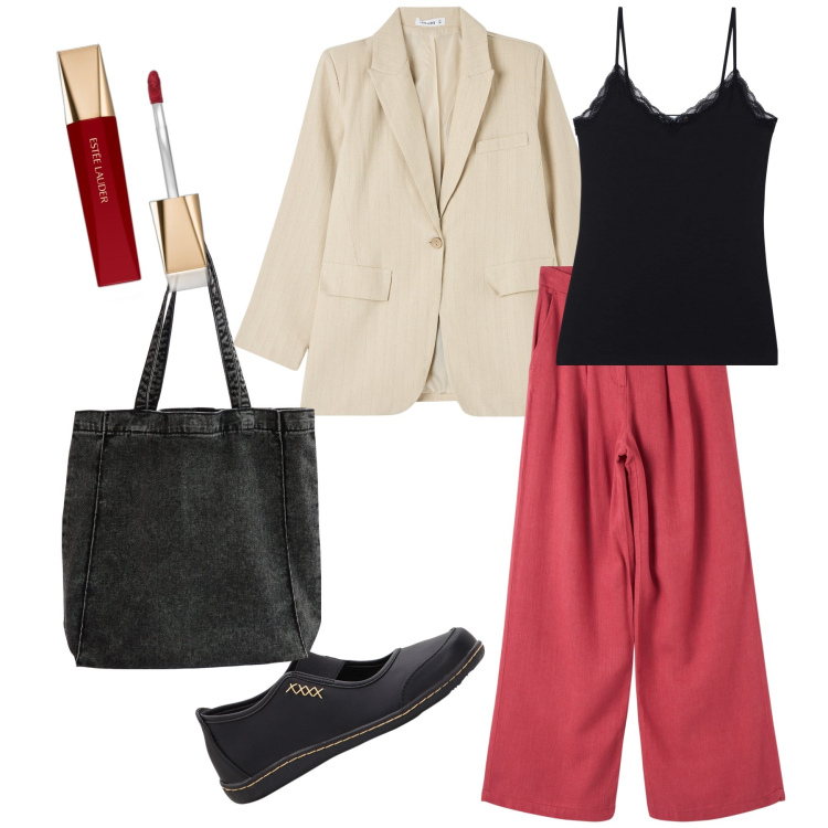 Outfit donna - Total look. Stile Urban per Tutti i giorni. Abbinamento con ballerine, rossetti, pantaloni, shopping bag, canottiere, blazer.