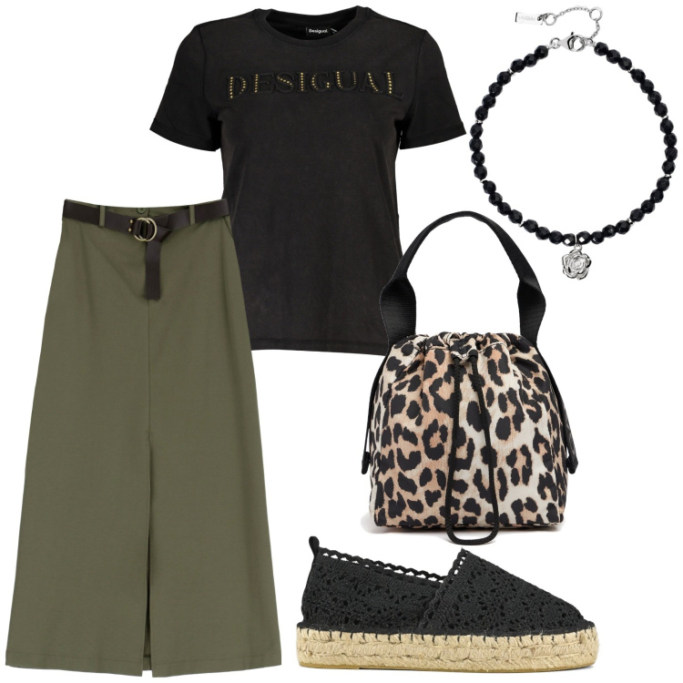 Outfit donna - Secchiello leopardato. Stile Casual chic per Tutti i giorni. Abbinamento con braccialetti, gonne lunghe, espadrillas, borse a mano, t-shirt.