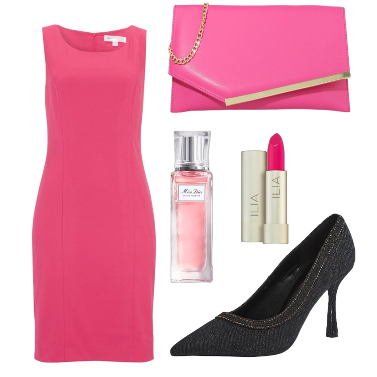 Outfit donna - serata fuori. Stile Chic per Serata fuori. Abbinamento con vestiti a tubino, rossetti, profumi, décolleté, pochette.
