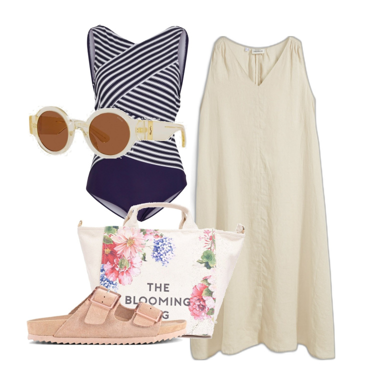 Outfit donna - Mare. Stile Chic per Mare. Abbinamento con costumi interi, vestiti, borse tote, occhiali da sole, sandali.