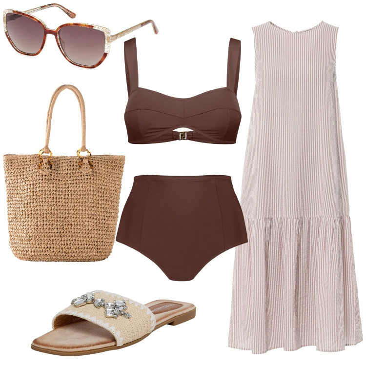 Outfit donna - Total look #1898486. Stile Minimal per Mare. Abbinamento con vestiti, shopping bag, ciabatte, bikini, occhiali da sole.