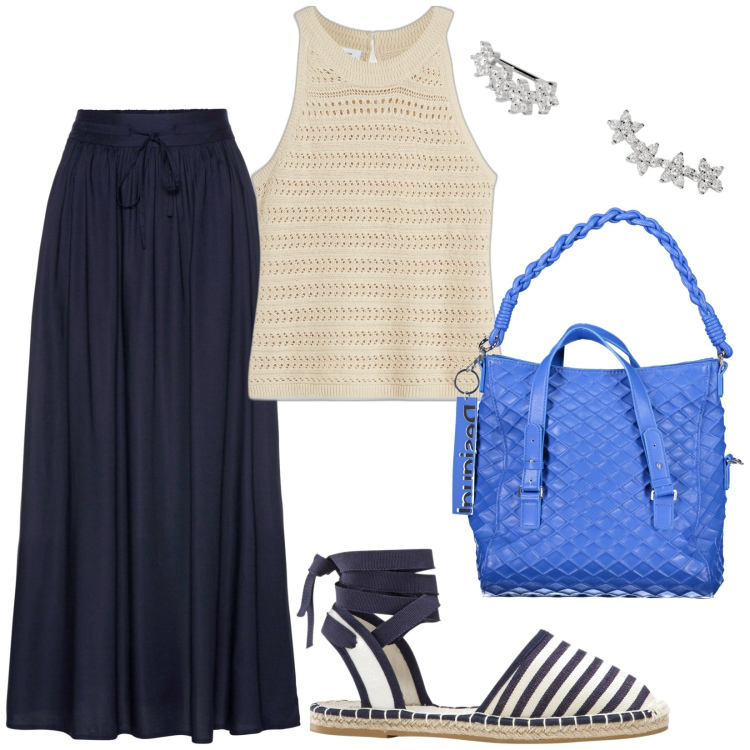 Outfit donna - Stile e comodità in vacanza. Stile Casual chic per Tutti i giorni. Abbinamento con gonne lunghe, top, espadrillas, orecchini, borse a spalla.